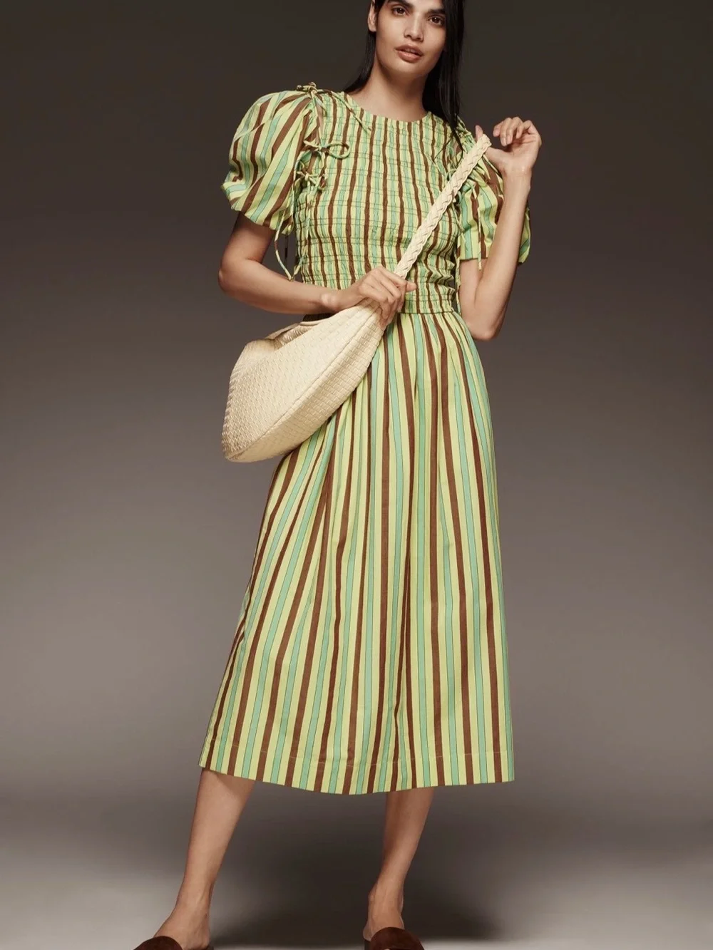 Striped Puff-Sleeve Midi Dress in Green - Picture 1 of 4